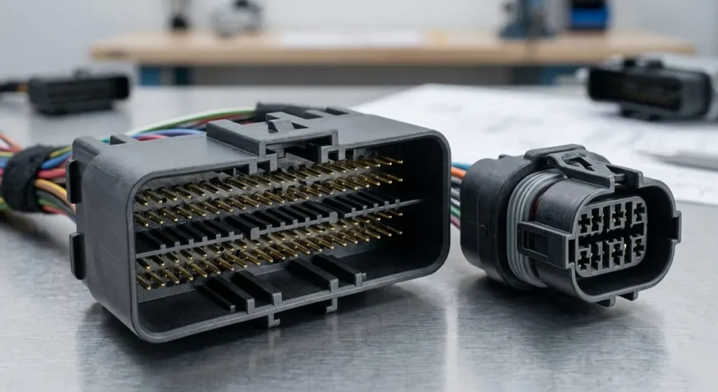 Precision multi-pin automotive electrical connectors molded from PBT resin showing thin-walled multi-cavity structure