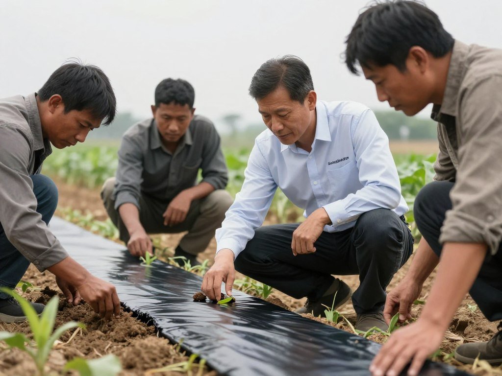 Agricultural consultant from Salesplastics discussing PHA biodegradable mulch film application with farmers