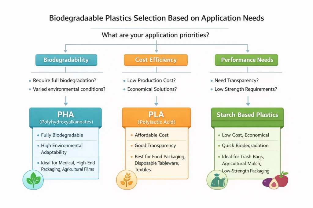 Decision Tree for Choosing PHA, PLA, and Starch-Based Biodegradable Plastics