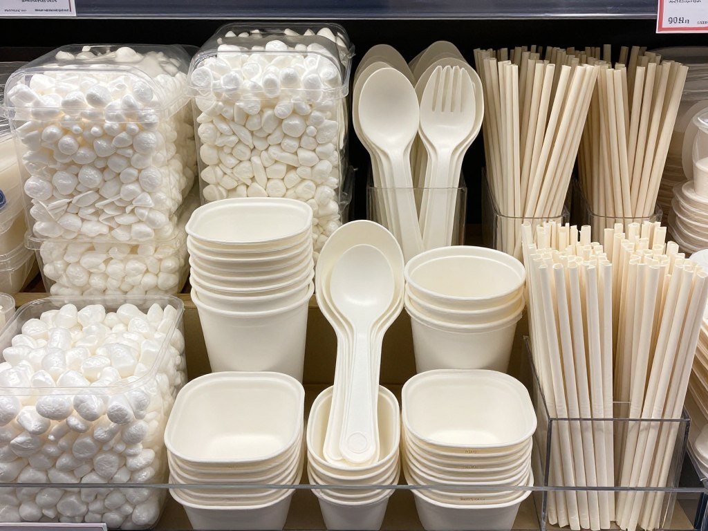 Biodegradable disposable items including cutlery, straws and packaging peanuts
