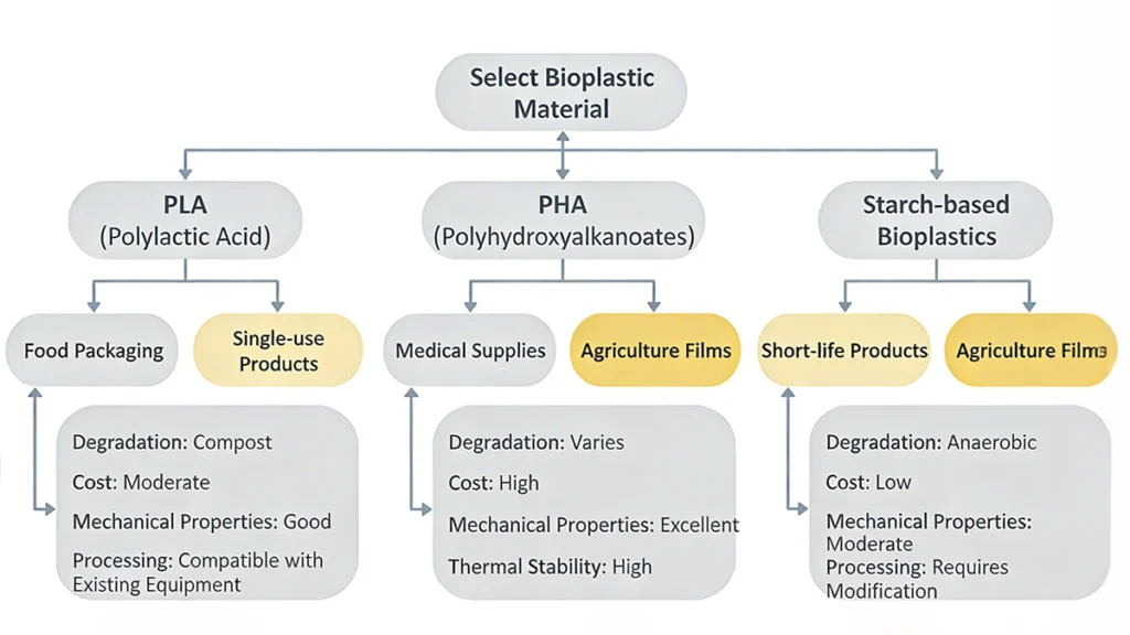 Choosing Between PLA, PHA, and Starch-Based Bioplastics – Application-Based Flowchart