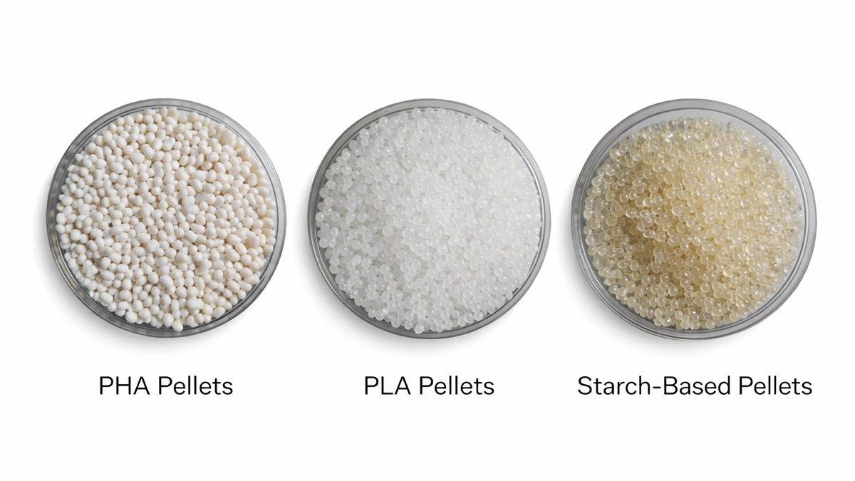 PHA, PLA, and starch-based bioplastic pellets