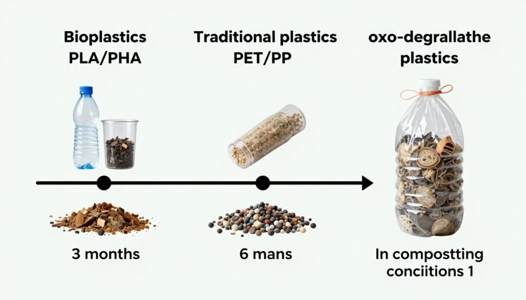 Comparison of degradation process between bioplastics, traditional plastics, and oxo-degradable plastics