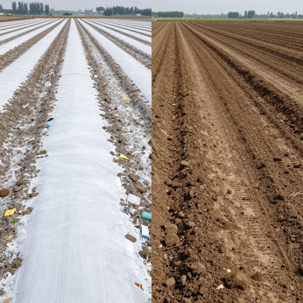 Comparison of field with white pollution from conventional plastic versus clean field with PHA mulch