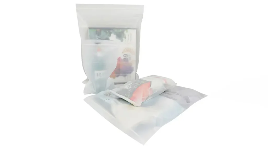 Frosted semi-transparent packaging bags made from starch-based PBAT resin, demonstrating durable and compostable zipper bags for retail and logistics.