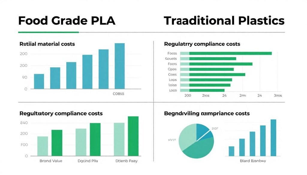 Cost comparison chart between Food Grade PLA and traditional plastics showing total cost of ownership