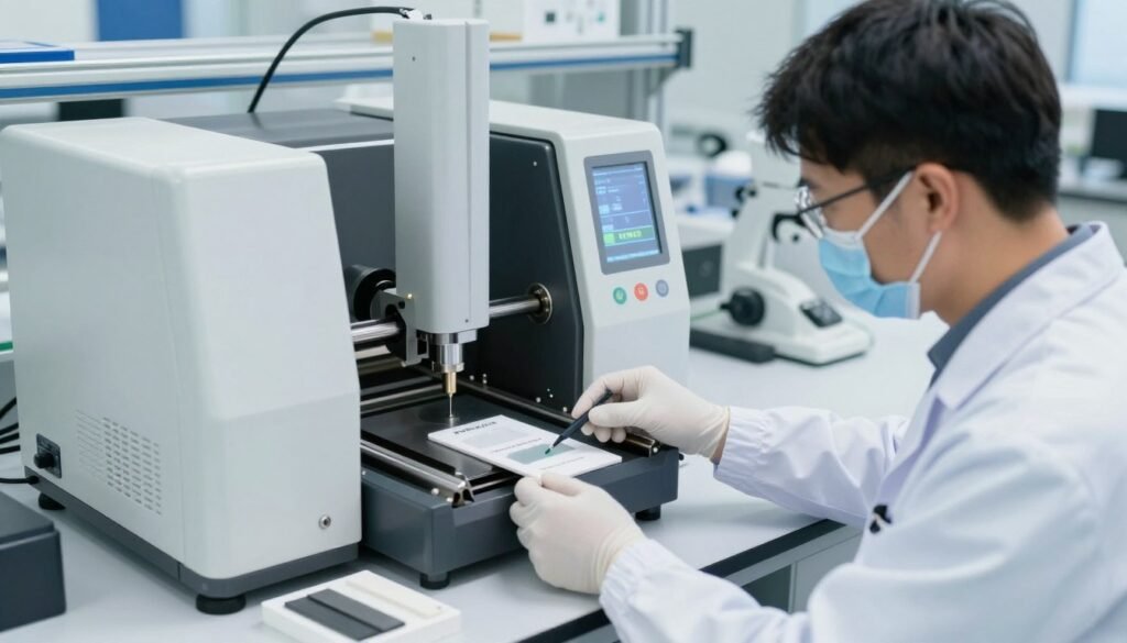 Engineer testing mechanical properties of different PBT samples in a laboratory