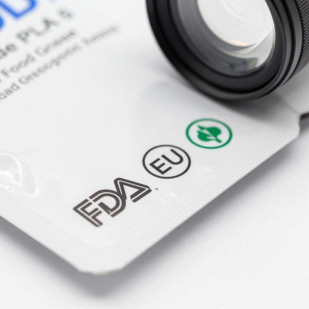 Food Grade PLA packaging with safety certification labels highlighting its food-safe properties