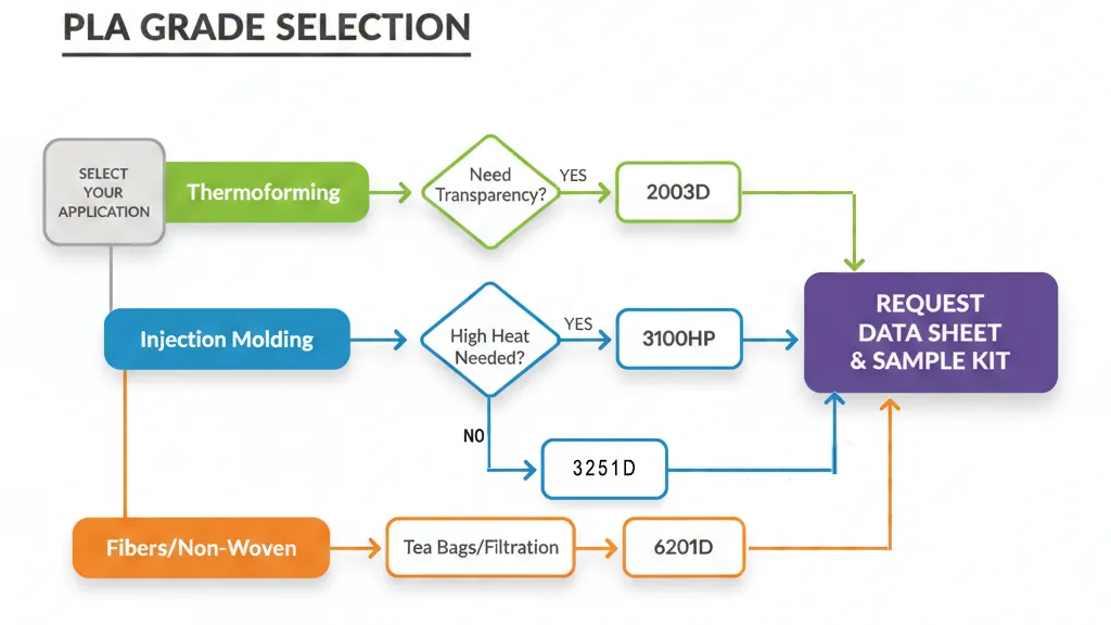 Flowchart guide for selecting Food Grade PLA resin grades by application