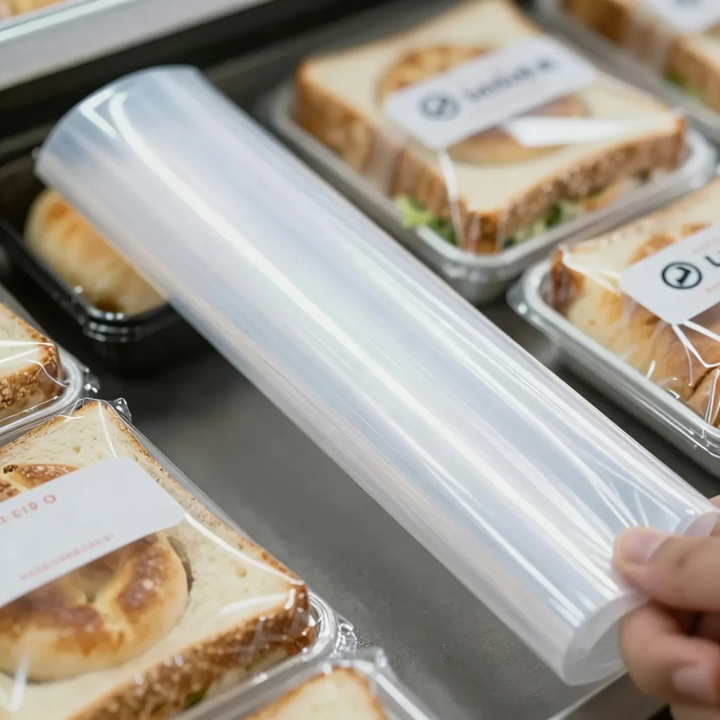 Food-grade PLA film, used to cover packaged sandwiches, highlights the material's transparency and excellent surface finish, making it suitable for environmentally friendly food services.