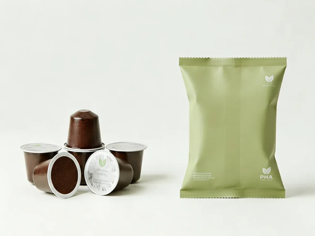 Biodegradable PHA coffee capsules and resealable flexible snack pouches