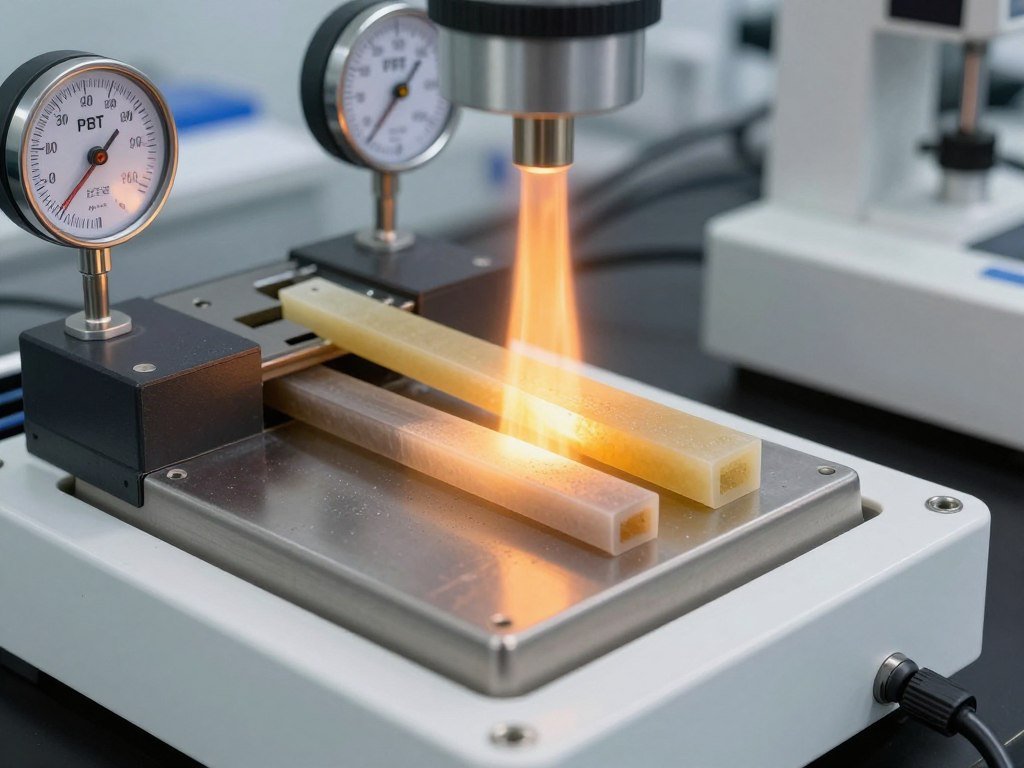 High-temperature testing of PBT and PPS materials showing thermal performance differences