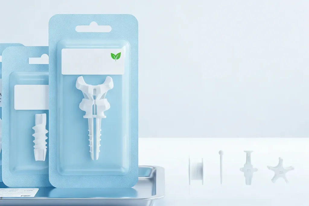 A clinical presentation of sterile PHA blister packaging containing white surgical implants, shown alongside resorbable medical components on a sterile tray.