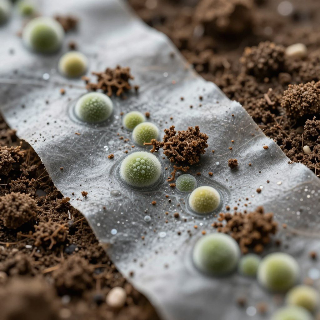 Microscopic view of soil with decomposing PHA mulch film showing healthy microbial activity