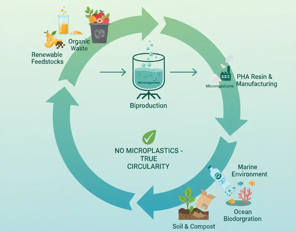 PHA lifecycle from renewable feedstocks, through microbial production, manufacturing, to complete biodegradation in marine and soil environments.