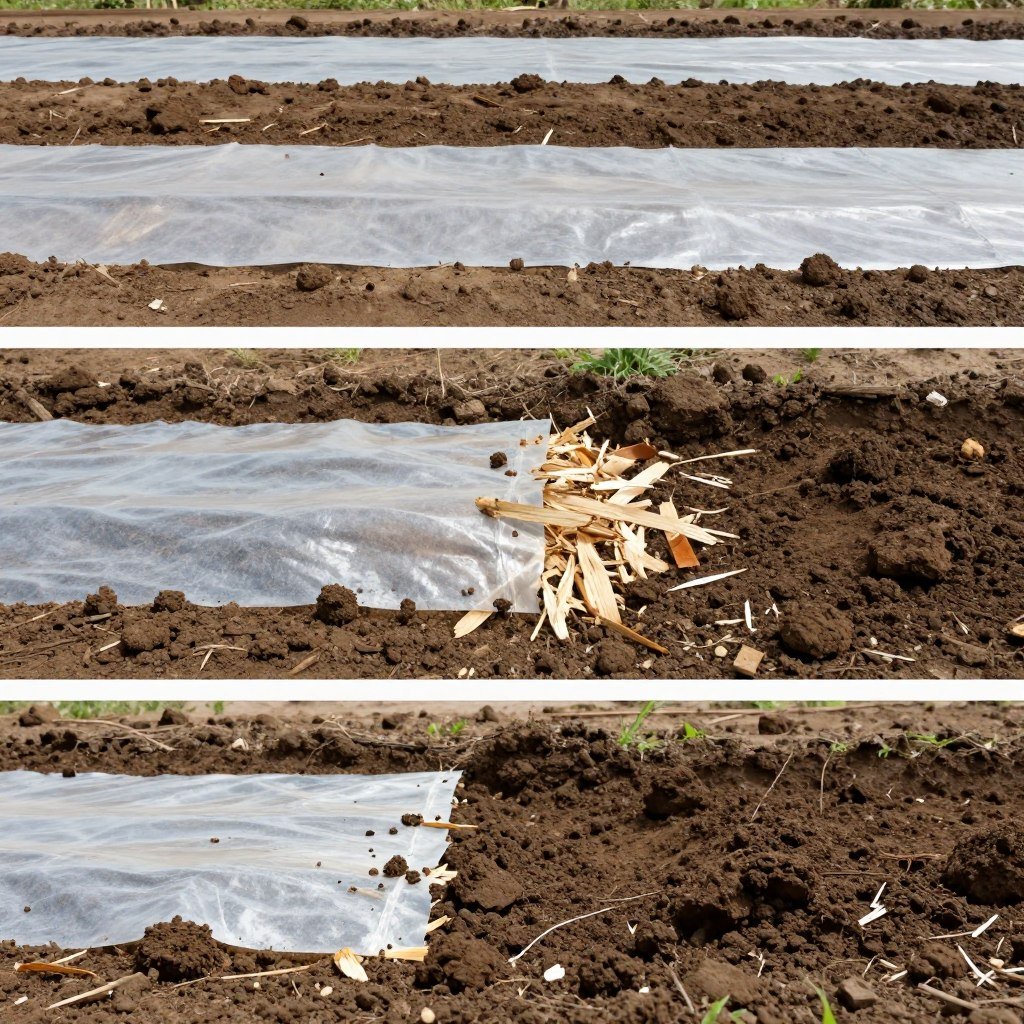PHA biodegradable mulch film at different stages of decomposition in soil