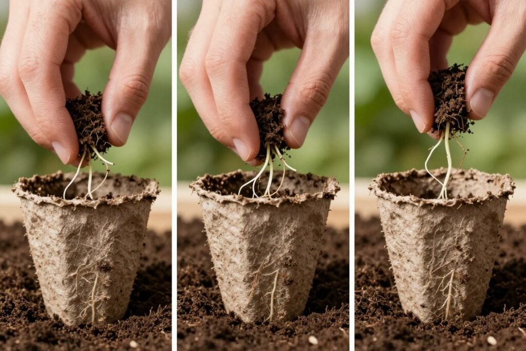 PHA biodegradable seedling pots being directly planted into soil without removal