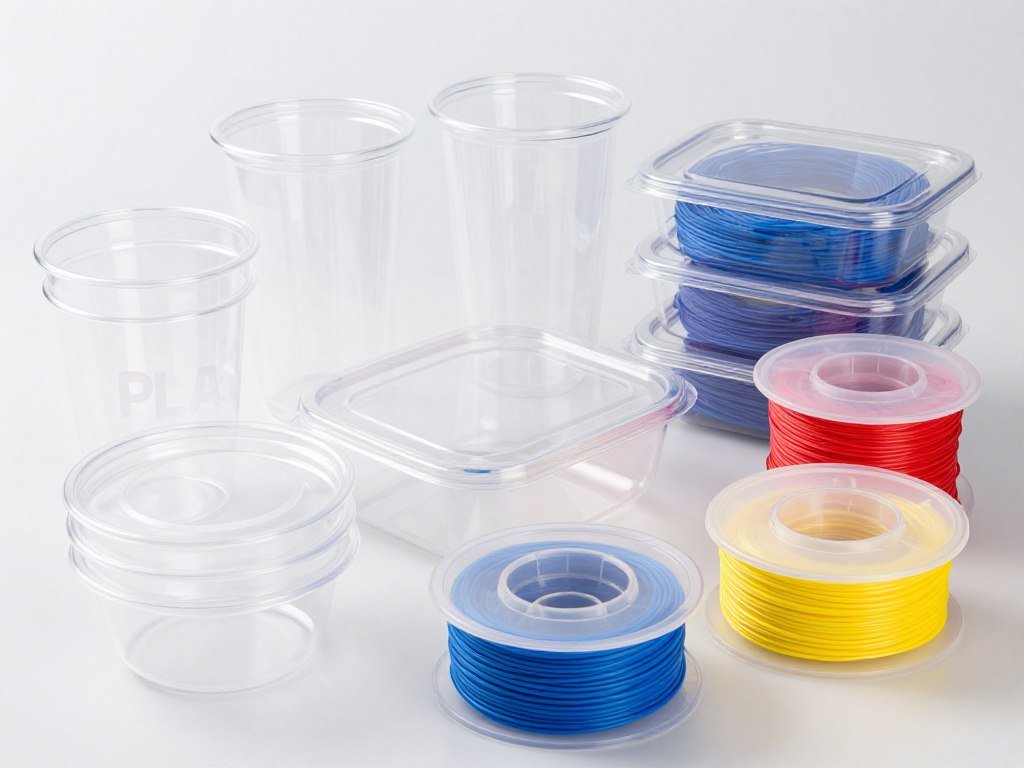 PLA bioplastic products including clear cups, food containers, and 3D printing filament