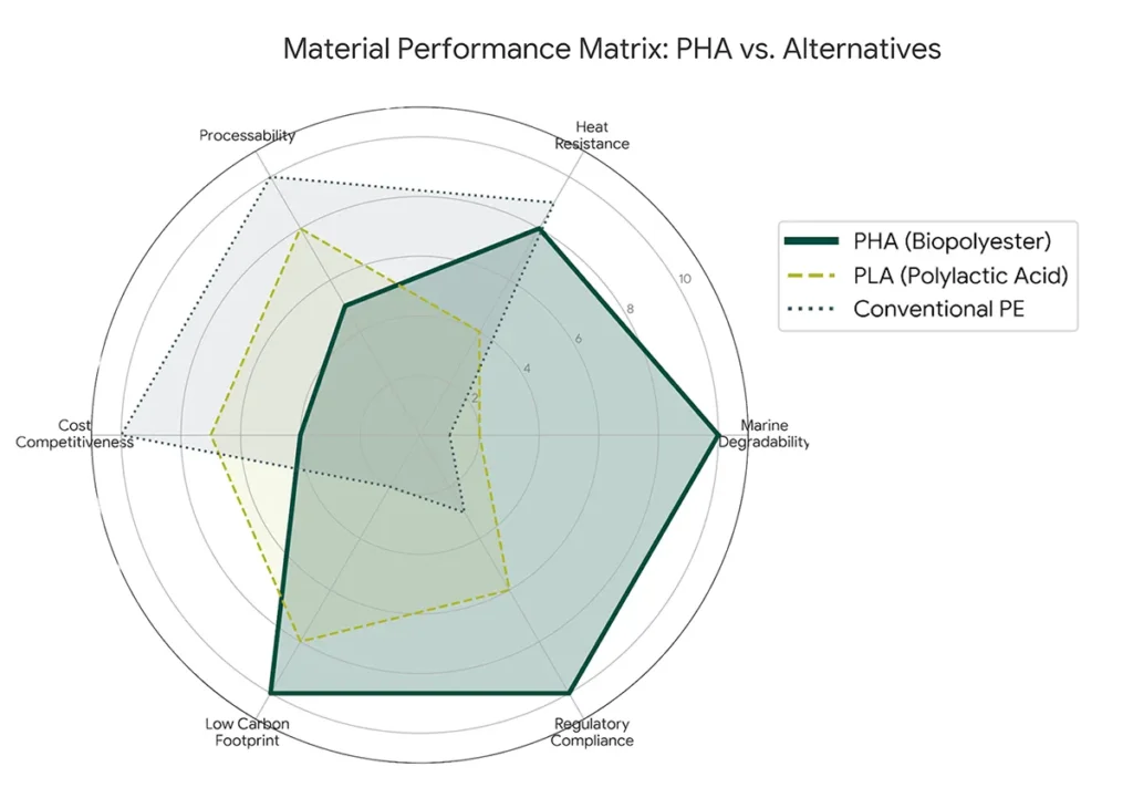 comparing PHA, PLA, and conventional PE across key metrics: Marine Degradability, Heat Resistance, Processability, Cost, Carbon Footprint, and Regulatory Compliance.