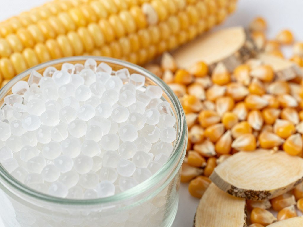 Raw Food Grade PLA pellets next to cornstarch and sugarcane, showing its natural origins