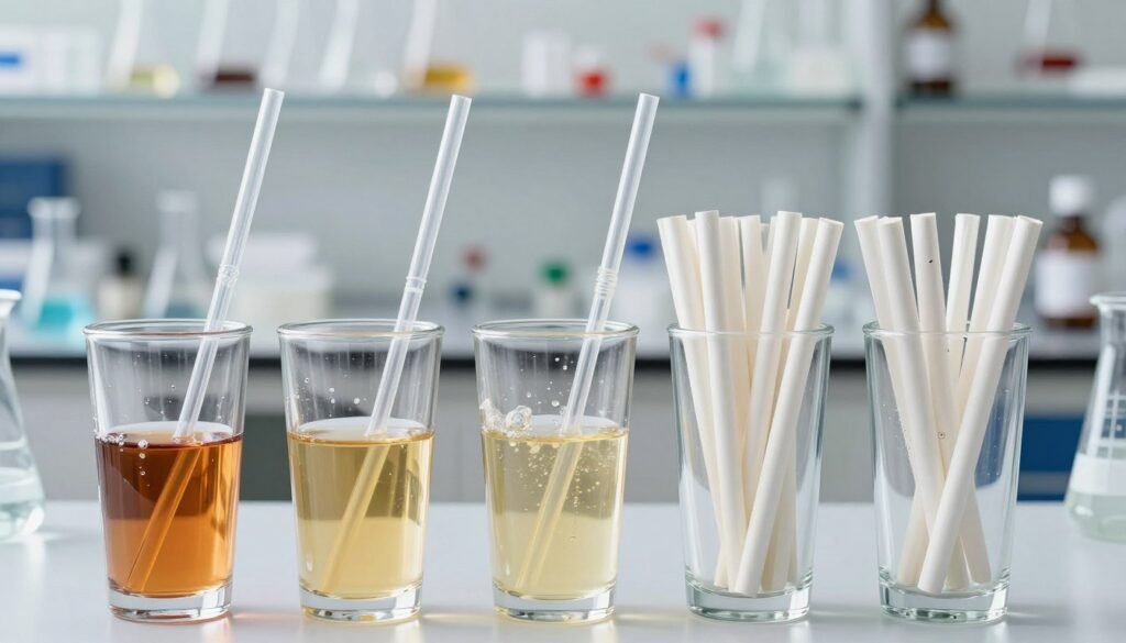 Side-by-side comparison testing of PHA, PLA, and paper straws in various liquids