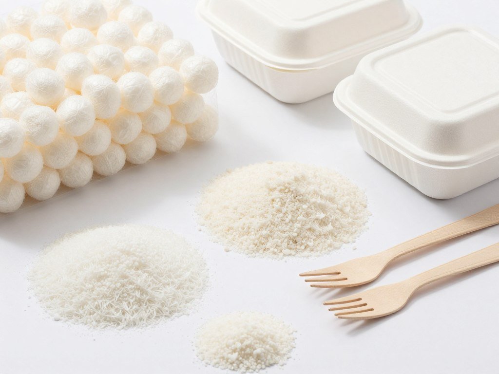 Starch-based bioplastic products including packaging peanuts and food containers