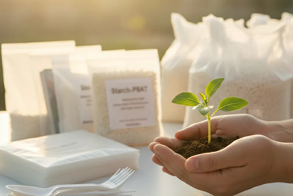 A person holding a green sprout in soil with starch-based bioplastic resin bags and compostable cutlery in the background, symbolizing a circular economy.