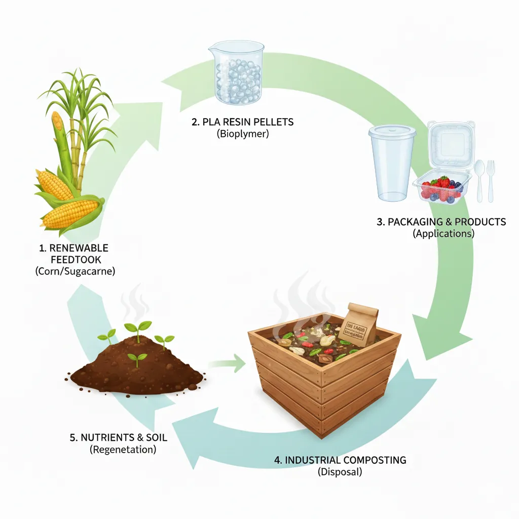Circular economy diagram showing the lifecycle of Food Grade PLA resin from renewable corn and sugarcane to compostable packaging and soil regeneration.