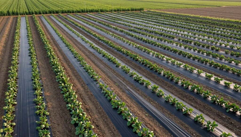 Sustainable farm using PHA biodegradable mulch film with healthy crops and pristine soil