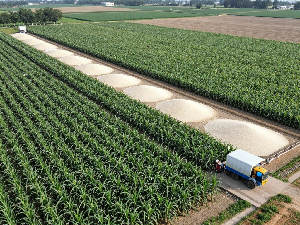Sustainable farming practices for PLA raw materials showing corn and sugarcane fields