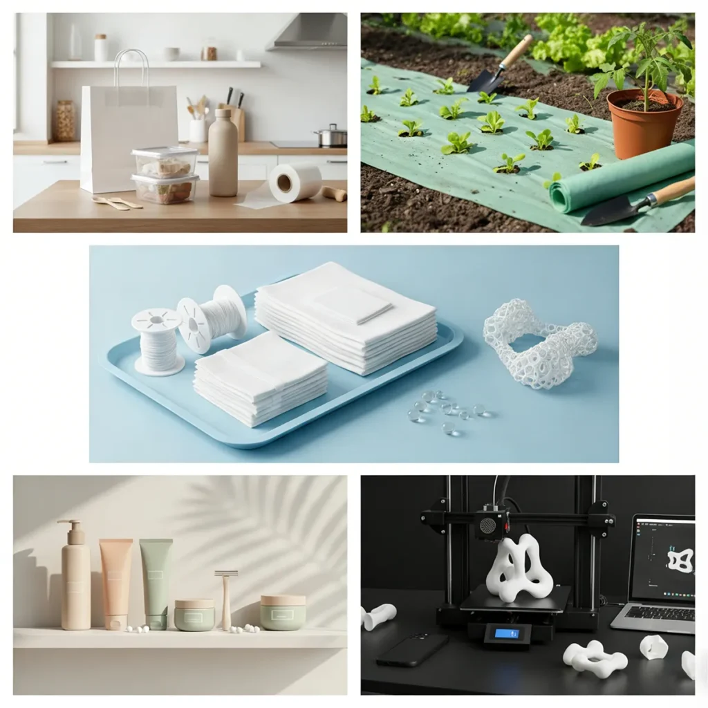 Shìle PHA de wǔdà yìngyòng lǐngyù: Huánbǎo shípǐn bāozhuāng, kě shēngwù xiáng jiě de nóngyè dìmó, shēngwù xiāng róng xìng yīliáo yòngpǐn, kě chíxù huàzhuāngpǐn róngqì yǐjí yòng yú diànzǐ chǎnpǐn de xiānjìn 3D dǎyìn. Tú zhù: Cóng nóngchǎng dào yīyuàn:PHA(jù qiǎngjī zhīfáng suān zhǐ) shì yī zhǒng gāo xìngnéng, wánquán kě shēngwù xiáng jiě de sùliào, kě tìdài bāozhuāng, nóngyè, yīliáo bǎojiàn, gèrén hùlǐ hé zhìzào yè zhōng de chuántǒng sùliào. Miáoshù: Zhè fú zhuānyè de pīn tiēhuà zhǎnshìle PHA sùliào zài wǔ gè guānjiàn lǐngyù de guǎngfàn yìngyòng. Zuǒshàng: Kě chíxù bāozhuāng, bāokuò kě shēngwù xiáng jiě de dàizǐ, shípǐn róngqì hé bómó. Yòushàng: Nóngyè lǐngyù, zhǎnshìle fùgài zài tǔrǎng zhōng de lǜsè dìmó, yòng yú bǎohù yòumiáo. Zhōngjiān: Yīliáo hángyè yìngyòng, zhǎnshìle línchuáng tuōpán shàng de kě xīshōu fénghé xiàn, wú jùn fūliào hé zǔzhī gōngchéng zhījià. Zuǒxià: Gèrén hùlǐ hé huàzhuāngpǐn bāozhuāng, bāokuò jiǎnyuē de píngzǐ, ruǎn guǎn hàn kě shēngwù xiáng jiě de tì xū dāo. Yòu xiàjiǎo: Gōngyè jìshù zhǎnshì, yī tái 3D dǎyìnjī zhèngzài dǎyìn fùzá de jǐhé língjiàn, pángbiān hái yǒu yīgè zhìnéng shǒujī wàiké. Zhèxiē gāo zhìliàng de zhēnshí chǎngjǐng túxiàng tūxiǎnle PHA zài jiǎnshǎo “báisè wūrǎn” hé cùjìn xúnhuán jīngjì fāngmiàn suǒ fāhuī de zuòyòng. 397 This image showcases five key application areas for PHA: eco-friendly food packaging, biodegradable agricultural mulch films, biocompatible medical supplies, sustainable cosmetic containers, and advanced 3D printing for electronics.