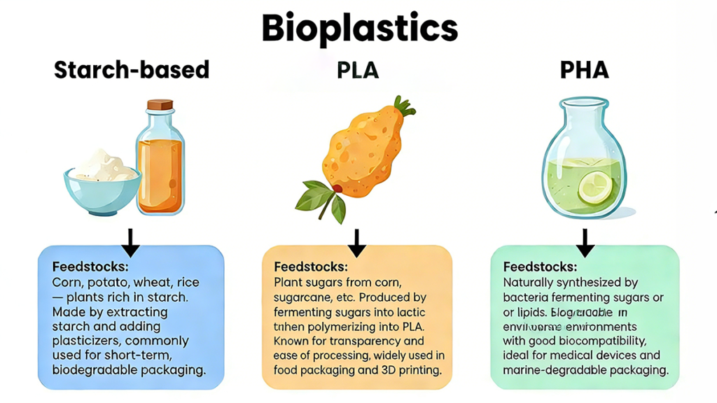 showing three types of bioplastics—Starch-based, PLA, and PHA—with their feedstocks and brief descriptions of their production and applications.