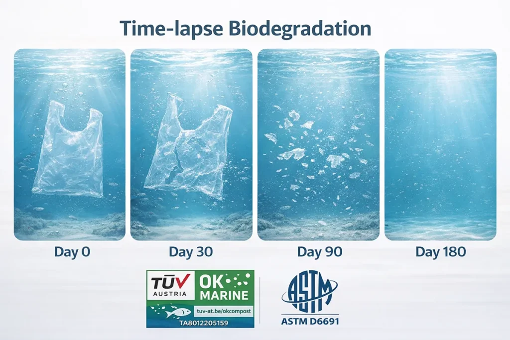 Time-lapse Biodegradation of PHA Plastic Bag in Seawater