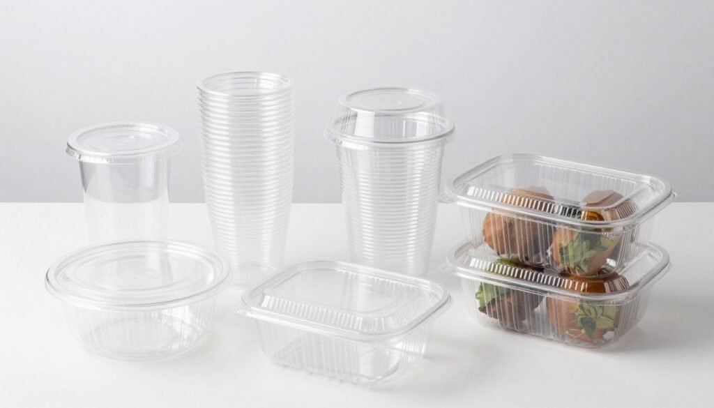 Various food packaging items made from Food Grade PLA including cups, containers, and produce trays