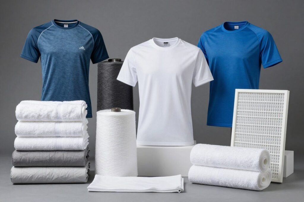 Various textile products made with PLA fiber including apparel, home textiles, and technical fabrics