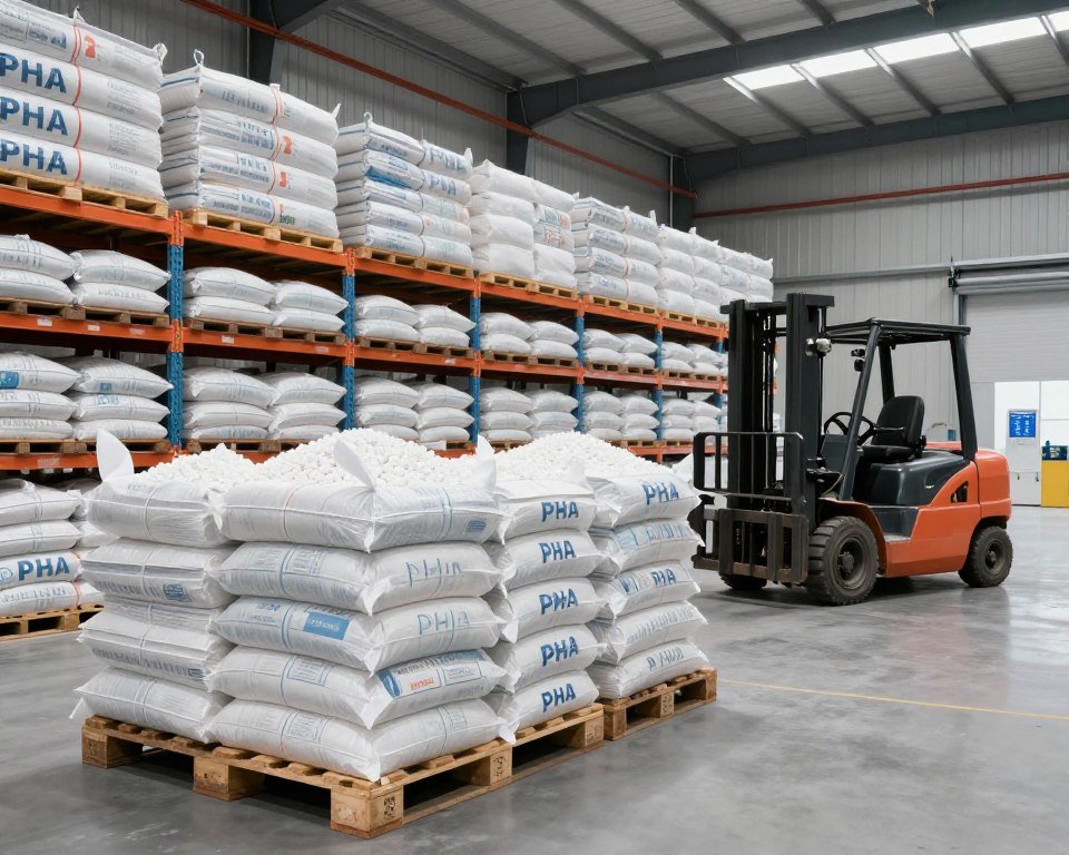 Warehouse storage of PHA pellets in industrial packaging