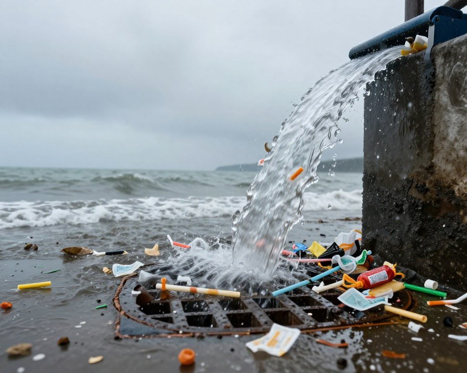 Waste management challenges showing straws entering marine environments