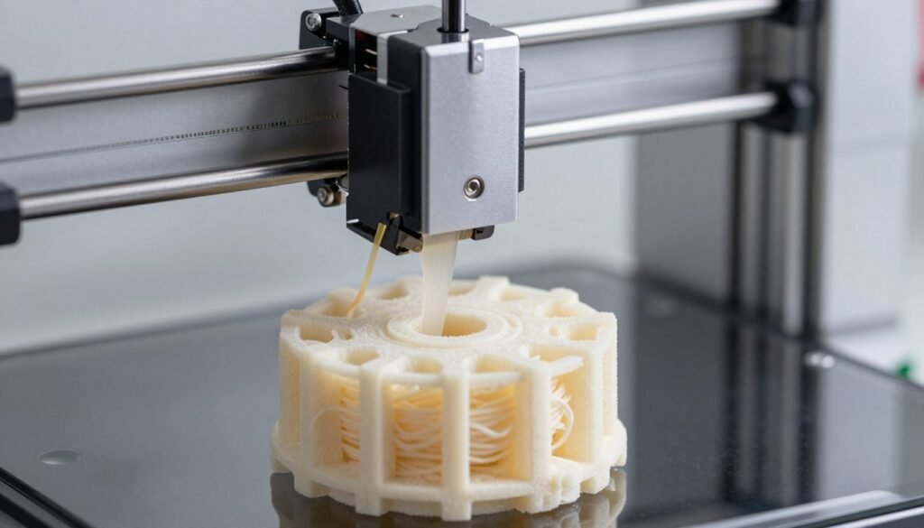 3D printer creating objects with PHA bioplastic filament