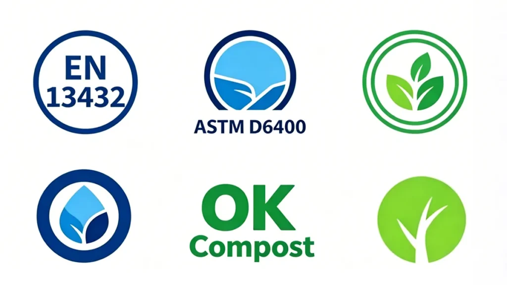 Collection of biodegradability certification logos including EN 13432, ASTM D6400, and OK Compost for thermoplastic starch materials