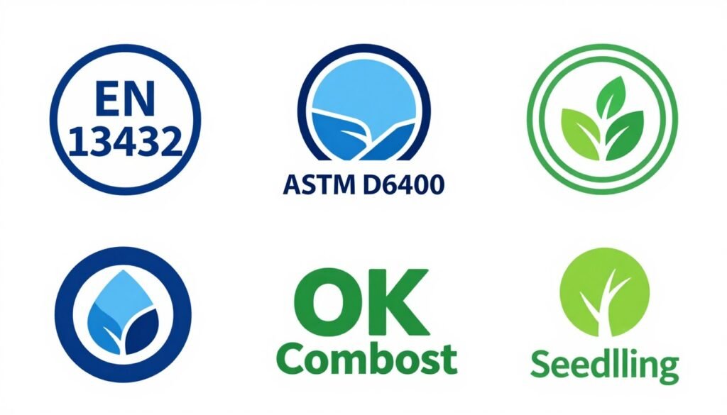 Biodegradability certification logos and compostability standards for thermoplastic starch materials