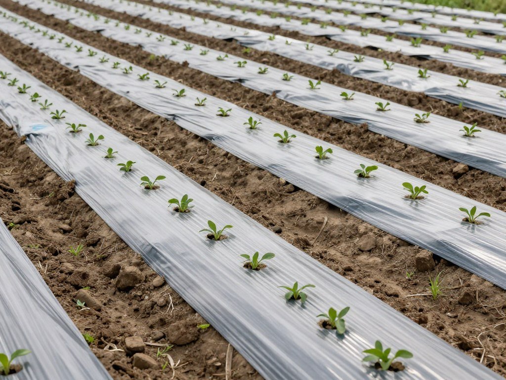 Biodegradable TPS agricultural mulch film installed in crop field demonstrating sustainable farming practices