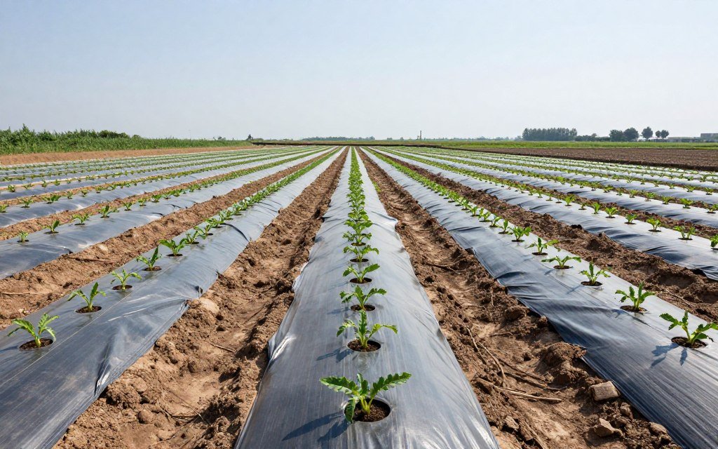 Biodegradable thermoplastic starch mulch film installed in agricultural field with crops