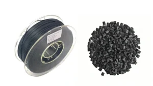 On the left is carbon fiber-reinforced PLA 3D printing filament; on the right are PLA-CF resin pellets.