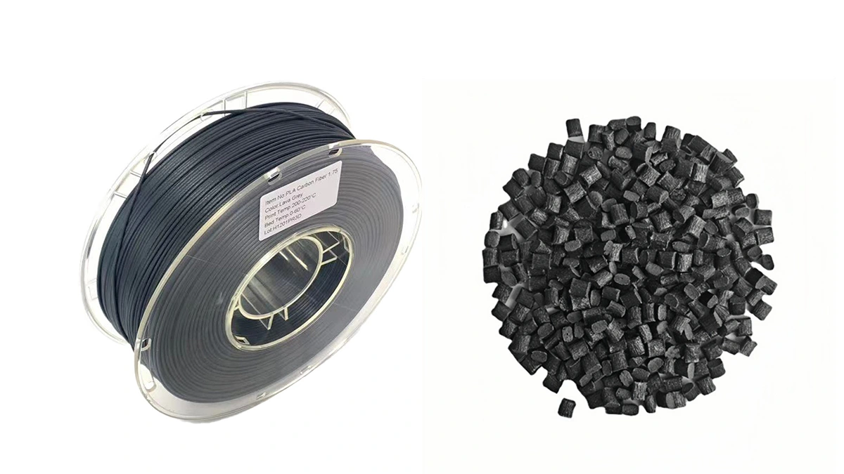 On the left is carbon fiber-reinforced PLA 3D printing filament; on the right are PLA-CF resin pellets.