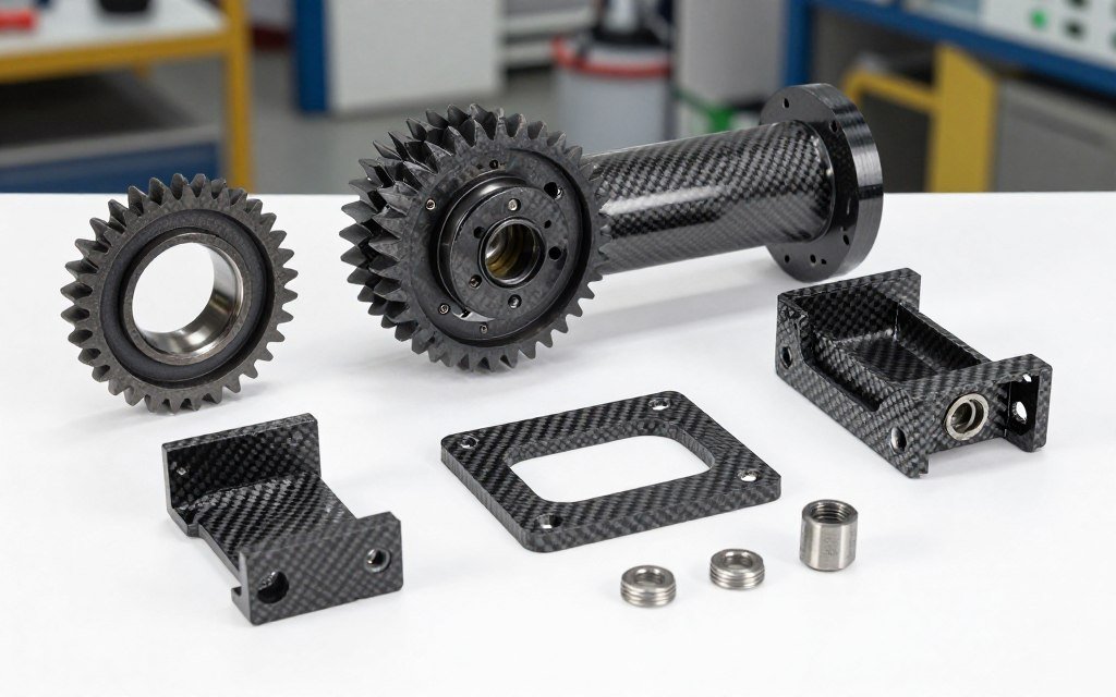 Carbon fiber PLA mechanical parts including gears, brackets, and mounting hardware