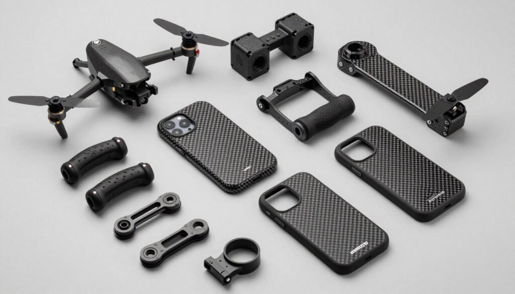 Collection of diverse parts printed with carbon fiber PLA showing various applications