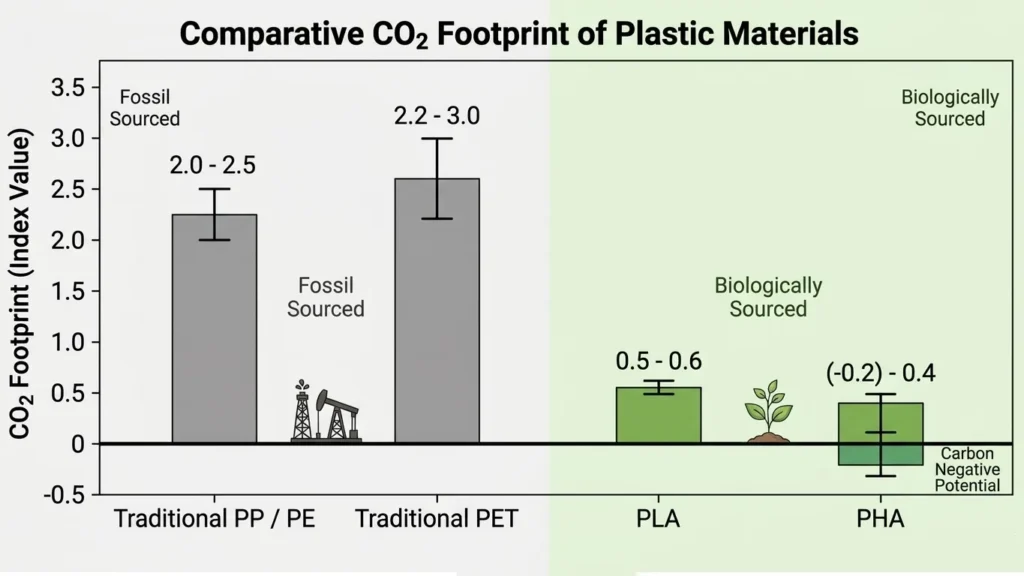 Bar chart showing the CO₂ index values of traditional plastics compared to bioplastics.