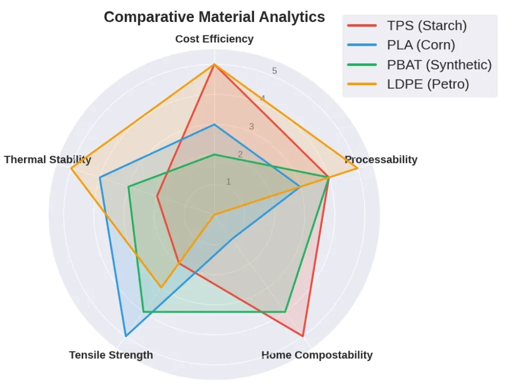Key Metric Comparison of TPS, PLA, PBAT, and LDPE Materials
