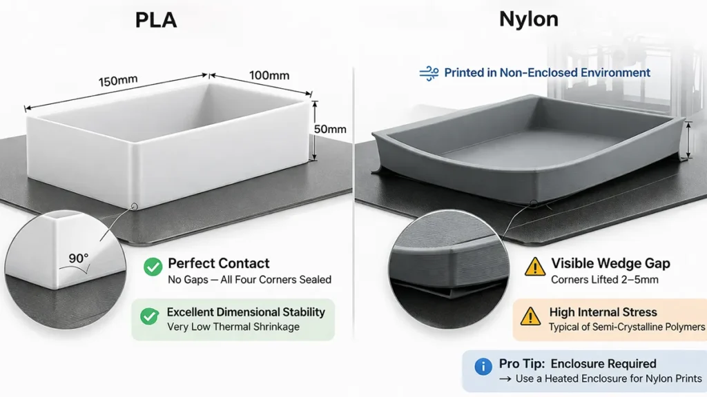 3D Printing Warping Analysis: Stable White PLA vs. Warped Grey Nylon on PEI Build Plate