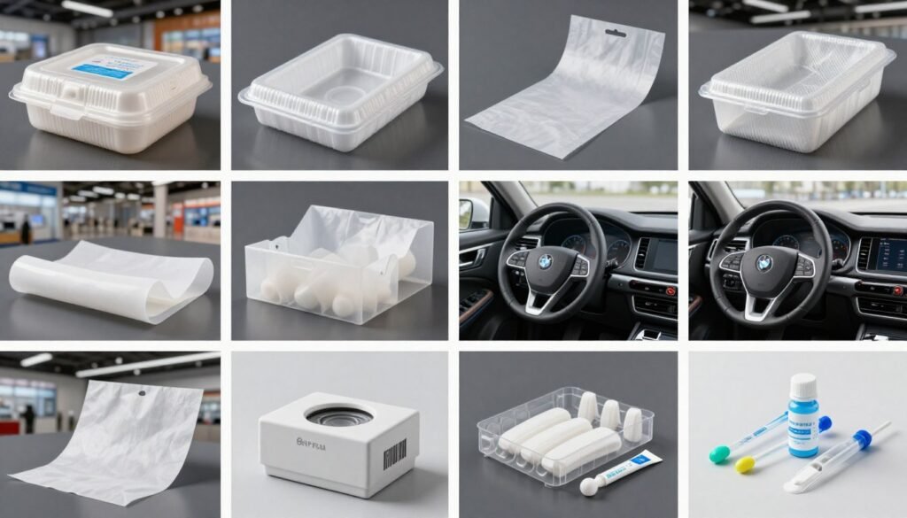 Diverse PLA applications from packaging to automotive showing need for modification